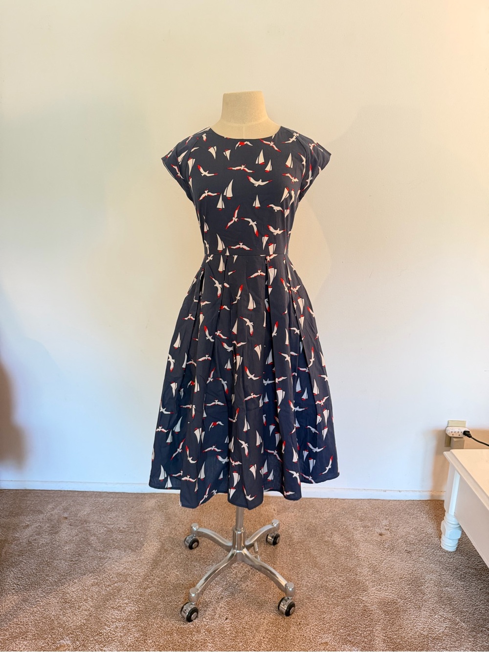Vintage Fit Blue Seagull Print Fit-and-Flare Dress